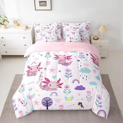 Erosebridal Comforters Twin Size Set with Sheets for Kids Floral Axolotl Bedding,7 Pieces Bed in a Bag Twin Cartoon Animal Bedding Sets with Comforter, Sheets, Pillowcases and Cushion Cases