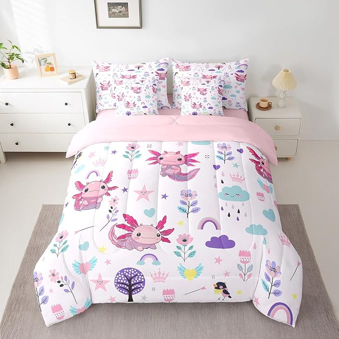 Erosebridal Comforters Full Size Set with Sheets for Kids Floral Axolotl Bedding,7 Pieces Bed in a Bag Full Cartoon Animal Bedding Sets with Comforter, Sheets, Pillowcases and Cushion Cases