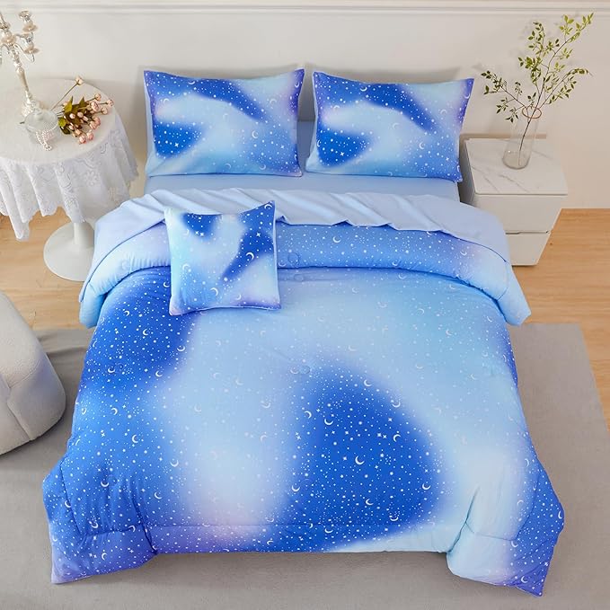 URBONUR 6Pcs Gradient Glitter Comforter Set for Girls Full Size Blue Galaxy Kids Bedding Set for Boys Comforter Sets Soft Bed in A Bag Full (Ombre Blue)