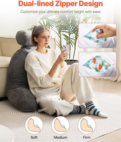 VEVOR Reading Pillow, Extra Large Bed Pillow for Sitting Up with Removable Headrest &3 Pockets, Back Pillow for Bed with Shredded Memory Foam, Pillow with Arms for Reading, Gaming, Resting, Grey