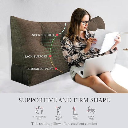 Wedge Headboard Pillow Dorm Room Reading Pillow Back Support for Sitting Up in Bed Bolster Lumbar Cushion Body Positioning Bedrest Cotton Linen 54in Coffee Full