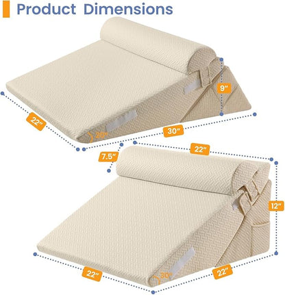 Sasttie Wedge Pillow Set for After Surgery, 2PCS Adjustable Bed Wedge Pillow Headboard with Memory Foam Neck Cushion – for Acid Reflux, Sleeping, Neck & Back Support, Beige