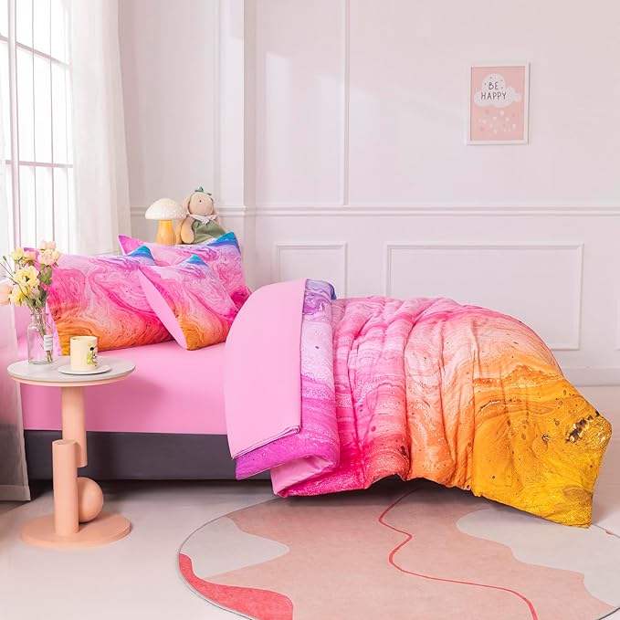 6Pcs Pink King Comforter Set for Girls Kids, Tie Dye Colorful Watercolor Marble Bedding Set King(1 Comforter, 1 Flat Sheet, 1 Fitted Sheet, 1 Cushion Cover, 2 Pillowcases)
