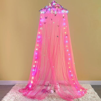 FIOBEE Bed Canopy for Girls Room Bed Canopy Curtains with Led Lights Mosquito Net DIY Princess Room Décor with Stars Butterflies for Kids Bedroom, Red