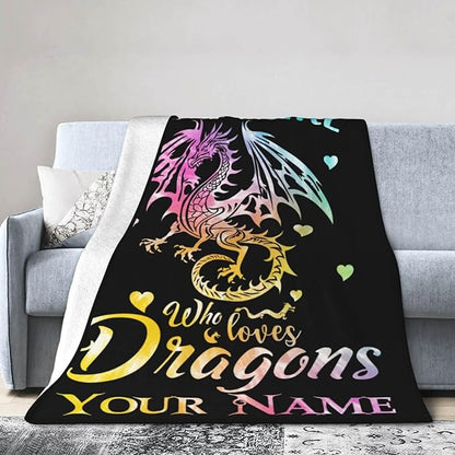 Custom Dragon Blanket with Name for Boys Girls, Personalized Cute Dragon Themed Design Printed Throw Blankets for Kids Lap, Chair, Giftable Blanket, 30"x 40"