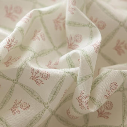 AOJIM Exquisite Kids Adults Duvet Cover Set with Plaid and Pink Floral Pattern, 100% Cotton Bedding Comforter Cover 3pcs, 1 Twin Size Quilt Cover 68x86 and 2 Pillowcases 20x26 with Bow Ties,No Quilt
