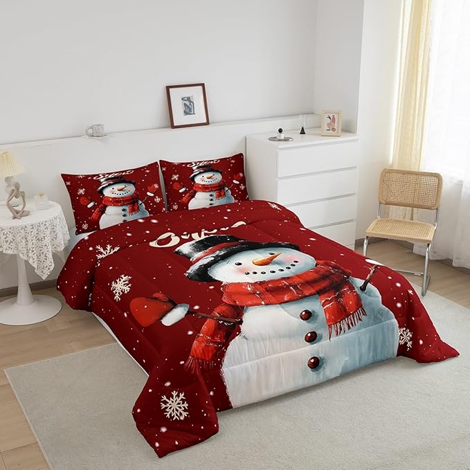 Erosebridal Snowman Comforter Set for Kids Boys Girls,Vintage Burgundy Christmas Bedding Set Full,Xmas Snowflake Duvet Insert,Merry Christmas Down Comforter with 2 Pillowcases Lightweight Warm