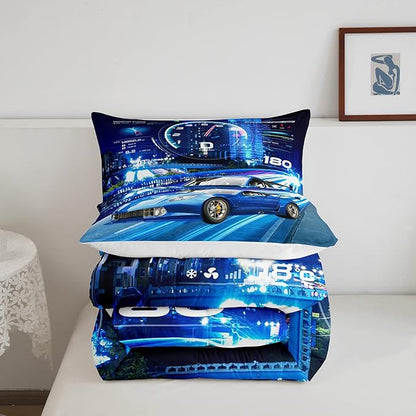 Feelyou Boys Extreme Sports Bedding Set - Race Car Down Duvet Comforter and 2 Pillowcases in Blue for Kids - Queen Size
