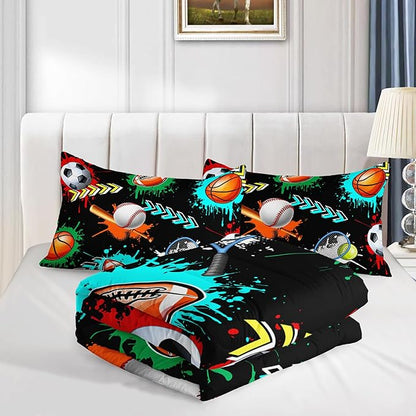 Kids Sports Balls Bedding Queen Comforter Set for Boys,Black Football Basketball Baseball Print Comforter Set for Kids Bedroom Decorate,Sports Themed Bedding Comforter Set with 2 Pillowcases.