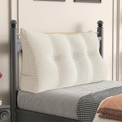 Daneey Headboard Pillow Twin, Triangular Wedge Headboard Pillow with Soft Corduroy Fabric, Wedge Bed Backrest Pillow for Sitting Up, Reading or Working, Long Bolster Pillow with Removable Cover, White