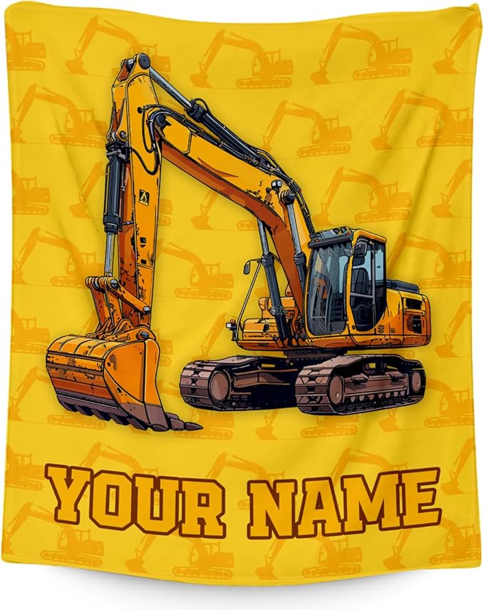 Personalized Blankets for Kids, Cozy Soft Excavator Throw Gifts for Boys, Yellow Flannel Construction Blankets for Bed Couch, 60x80 Inches