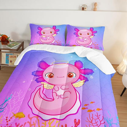 HOSIMA Cartoon 3D Print Axolotl Comforter Sets Queen Size,Cute Ocean Animal Bedding Sets for Kids Girls,Color Undersea World Plant Print Comforter Sets Decorative with 2 Pillowcases.