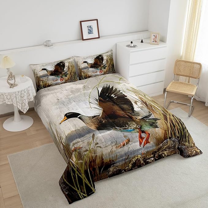 Feelyou Mallard Duck Bedding Set Boys Girls Wild Duck Hunting Comforter Set for Kids Women Men Soft Lodge Cabin Farmhouse Comforter Quilt Room Decor Full Size Duvet Set Boys