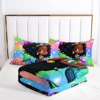 Mermaid Queen Size Bedding Set for Kids Girls, Cute Black Girl Mermaid Ocean Life Pattern Comforter Set, Rainbow Bed with 1 Quilt and 2 Pillowcases