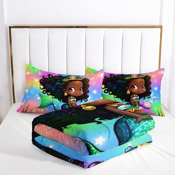 Mermaid Full Size Bedding Set for Kids Girls, Cute Black Girl Mermaid Ocean Life Pattern Comforter Set, Rainbow Bed with 1 Quilt and 2 Pillowcases
