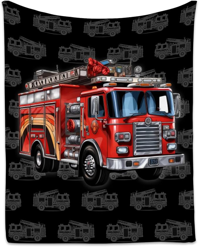 Toddler Blankets for Boys, Cozy Soft Fire Truck Throw Gifts for Kids, Black Flannel Firefighter Blankets for Couch Office, 30x40 Inches