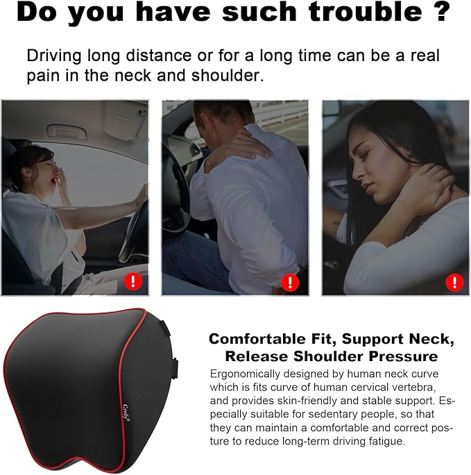 Crofy 2 Pack Car Neck Pillow, Softness Car Headrest Pillow for Driving with Adjustable Strap, 100% Memory Foam and Breathable Removable Cover, Comfortable Ergonomic Design (Red Side Rope)