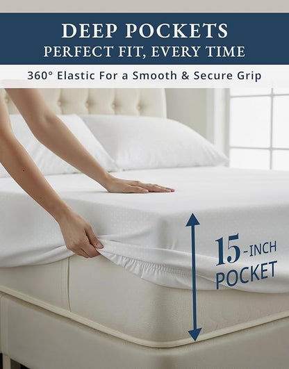 LANE LINEN 100% Egyptian Cotton 5 Pc Split King Sheets for Adjustable Beds - Soft & Comfy Hotel Style Thick Machine Washable Naturally Cooling 15" Deep Pockets Jaquard Swiss Dot - White