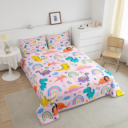 Feelyou Girls Pink Dinosaur Toddler Bedding Sets King Size Purple Green Dinosaurs Comforter Set Cute Cartoon Dino Rainbow Down Comforter Quilt Kids Room Decor Reversible Stars Bed Set for All Seasons