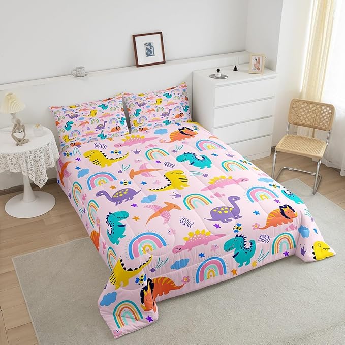 Feelyou Girls Pink Dinosaur Toddler Bedding Set Queen Size Purple Green Dinosaurs Comforter Set Cute Cartoon Dino Rainbow Down Comforter Quilt Kids Room Decor Reversible Stars Bed Set for All Seasons