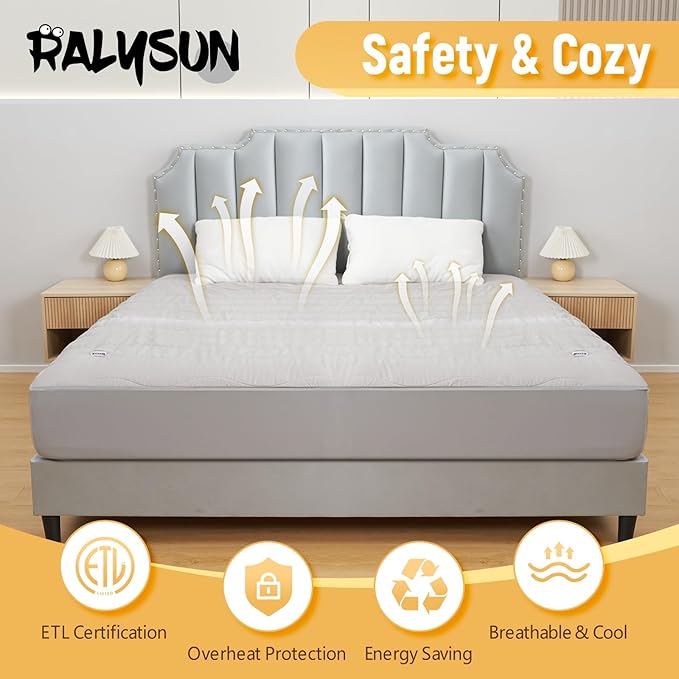 Electric Mattress Pad Queen Size 60"x80",6 Heating Levels & 1-10 Hour Auto Shut Off,Warm and Soft Comfort Fabric with 15 Inch Deep Pocket,Machine Washable,Gray