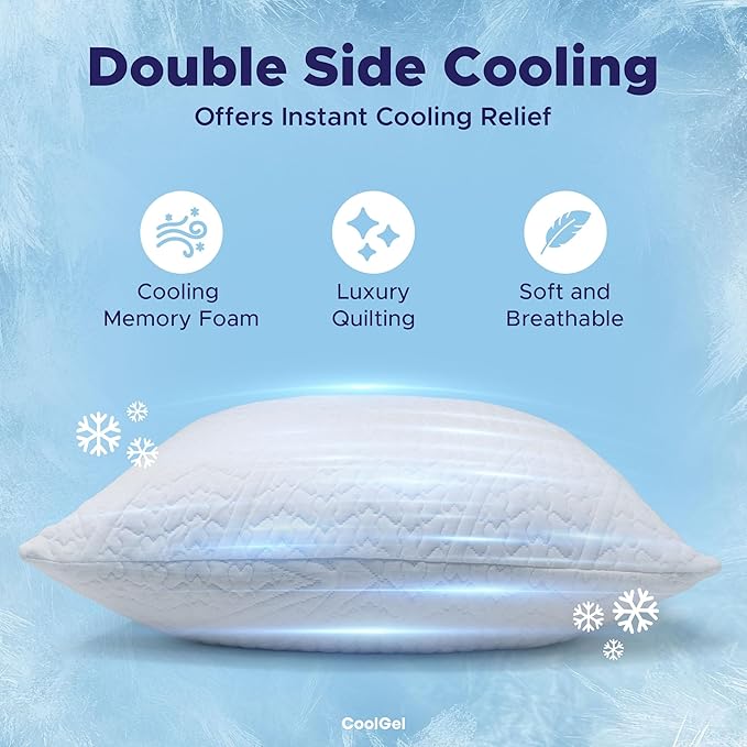 CoolGel Cooling Pillow Standard Size - Shredded Memory Foam Pillow with Double Sided Cooling Gel for Hot Sleepers, Breathable Washable Quilted Cover, Neck and Spine Support