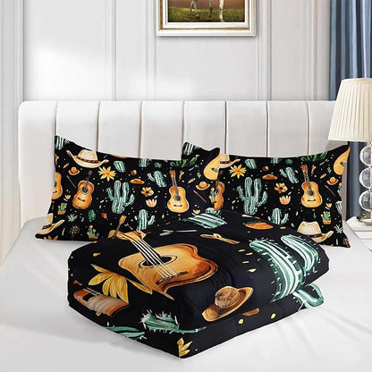 Western Cowboy Hats Musical Guitar Comforter 3Pcs Queen Wild Cactus Flowers Bedding Set for Kid Teen Girl Boy Adult Nature Botanical Floral Quilt Bed Decor with 1 Comforter and 2 Pillowcases