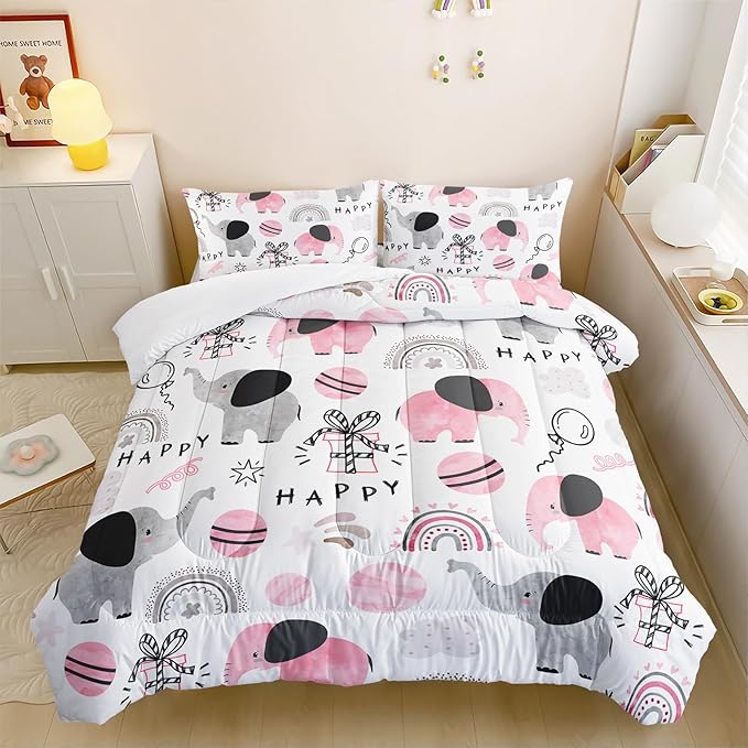 Pink Elephant Comforter Set Twin Size, Rainbow and Balloon Comforter for Kids Girls, Cute Cartoom Animal Soft Comforter Set with 1 Comforter+2 Pillowcases for Bedroom Bed Deco