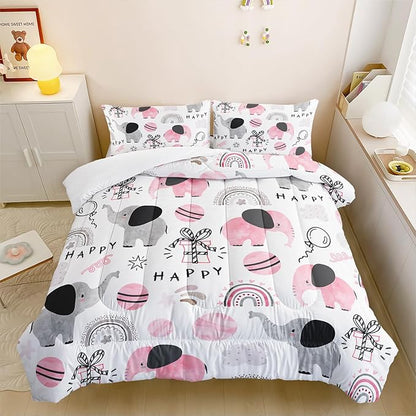 Pink Elephant Comforter Set Twin Size, Rainbow and Balloon Comforter for Kids Girls, Cute Cartoom Animal Soft Comforter Set with 1 Comforter+2 Pillowcases for Bedroom Bed Deco