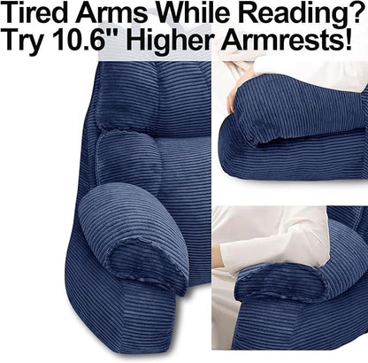 RRPAHWTV Reading Pillow for Bed with High Arm Rests,Back Support Pillow for Sitting Up in Bed with Shredded Memory Foam for Reading, TV, Gaming or Relaxing on Floor (Navy Blue, Large)