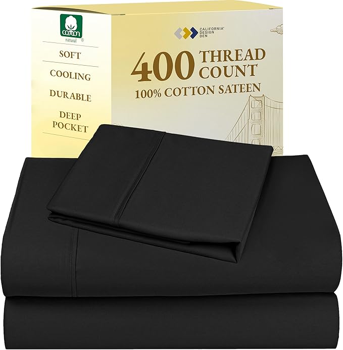 California Design Den Twin XL Sheet Sets - 400 Thread Count Sateen, 100% Cotton Sheets Set, Deep Pockets, and Durable Bedding for Dorm Rooms & Adults - Black