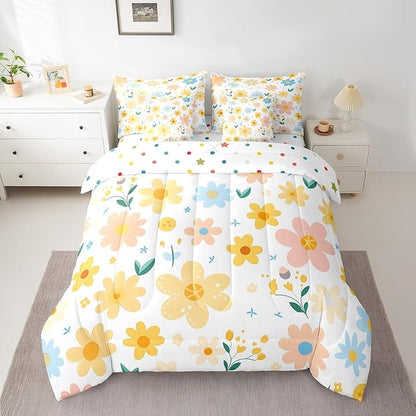 Feelyou Cute Flower 7 Piece Bedding Set King Size Kids Cartoon Cute Floral Bed in a Bag for Girls Teens Bright Yellow Comforter Set with Sheets Kawaii Bed Set