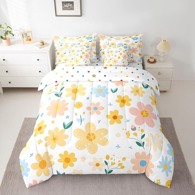 Feelyou Cute Flower 7 Piece Bedding Set Twin Size Kids Cartoon Cute Floral Bed in a Bag for Girls Teens Bright Yellow Comforter Set with Sheets Kawaii Bed Set