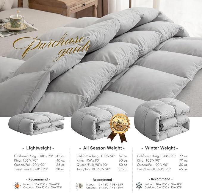 Royoliving Premium Feathers Down Comforter 100% Cotton Cover Duvet Insert with Corner Tabs (Grey, Twin All Season)