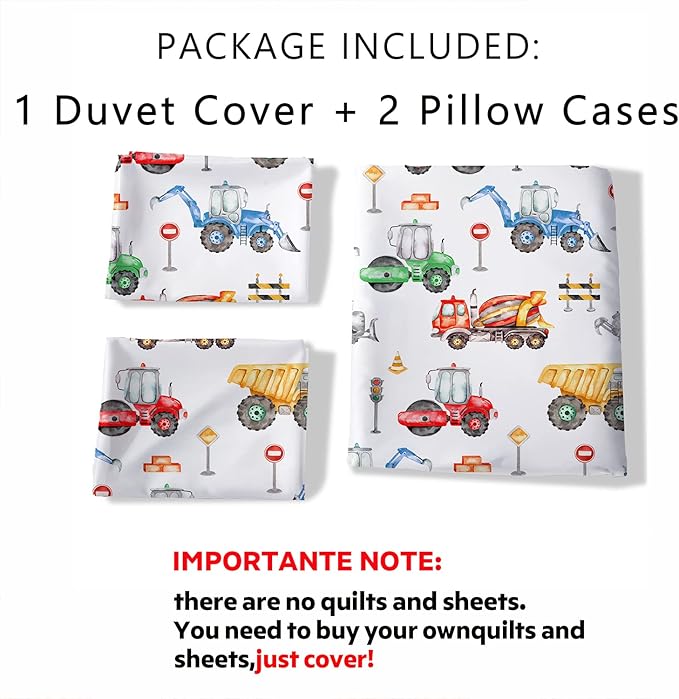 CVHOUSE Excavactor Bedding Queen Size,Construction Excavactor Bedding Set Boys Kids Teens,Truck Excavactor Comforter Set Cover Soft,1 Duvet Cover 2 Pillowcases 3 pcs,Boy's Bedroom Decor Queen 89'x89'