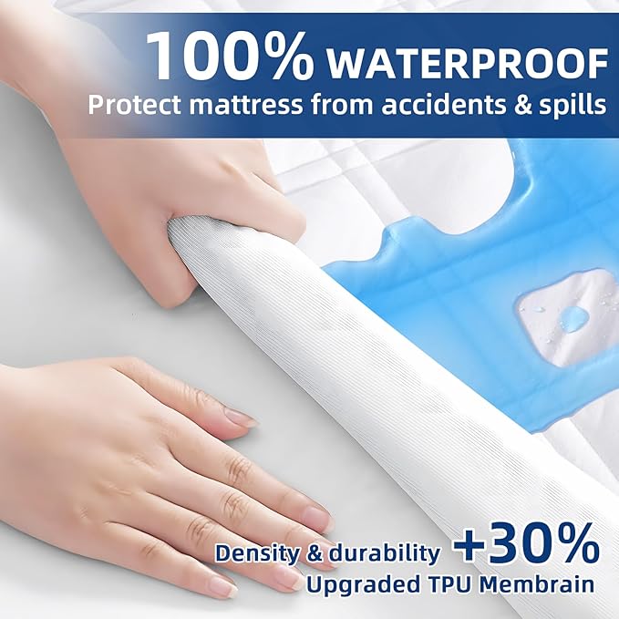 Padded Twin Mattress Protector, Breathable Waterproof Mattress Pad Cover Fitted Deep Pocket 8"-21", Soft Noiseless Mattress Cover Washable Cooling for Home Dorm Bedroom, White