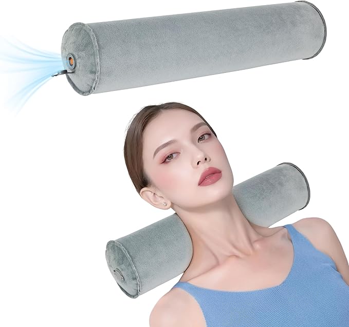 ONTYZZ Inflatable Round Neck Pillow Cervical Roll Pillow Cylinder Bolster Pillow for Head, Neck, Back, Legs and Yoga, Grey（3.93 * 18.89）