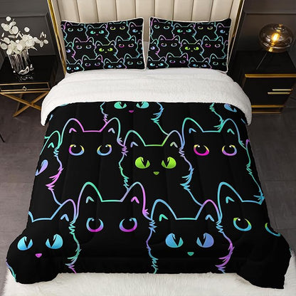 QOOMO Cartoon Cat Sherpa Plush Comforter Set, Full/Queen Size 3 Pieces Cute Animals Comforter Sets, Ultra Soft Cozy Fleece Bedding Set, Bed Sets for All Seasons with 1 Comforter 2 Pillowcases