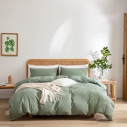 Green Duvet Cover King, 100% Washed Cotton Linen Like Textured 3 Pieces Bedding Set, Solid Color Simple Style Duvet Cover, Luxury Relaxed Feel Natural Wrinkled Breathable Soft Comfy (Green, King)