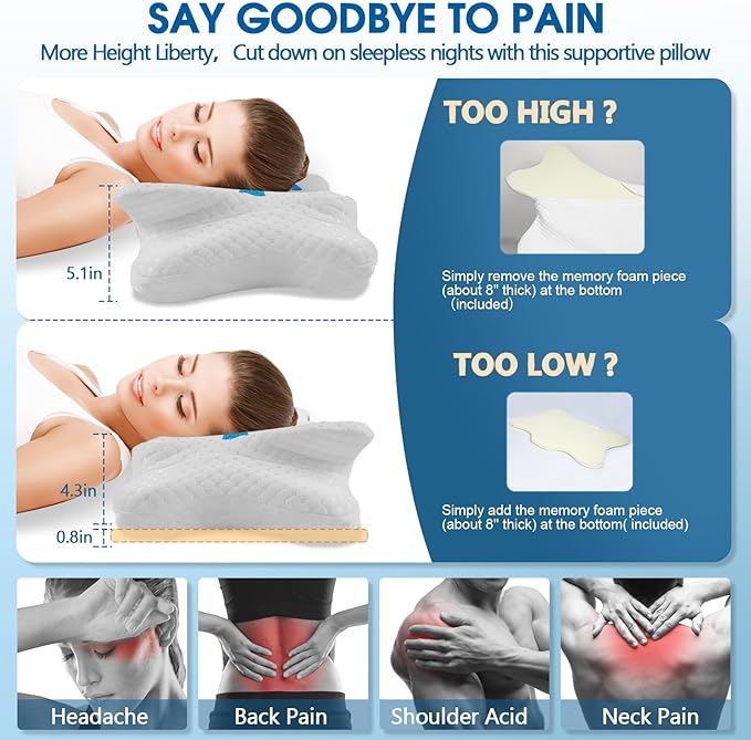 Memory Foam Pillow, Cervical Pillow for Neck and Shoulder Pain Relief, Ergonomic Contour Bed Pillow, Soft for Side Sleep Stomach Sleeping and Back Sleeper
