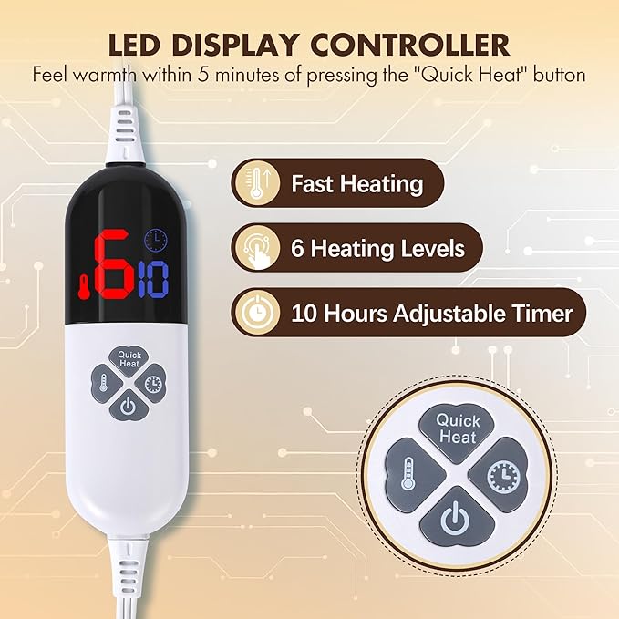 Heating Blanket Full Size 72" x 84" - Fluffy Ultra Soft Flannel Electric Blanket with 6 Heating Levels & 10 Hours Adjustable Timer, Fast Heating and Heated Lap Blanket for Office (White)