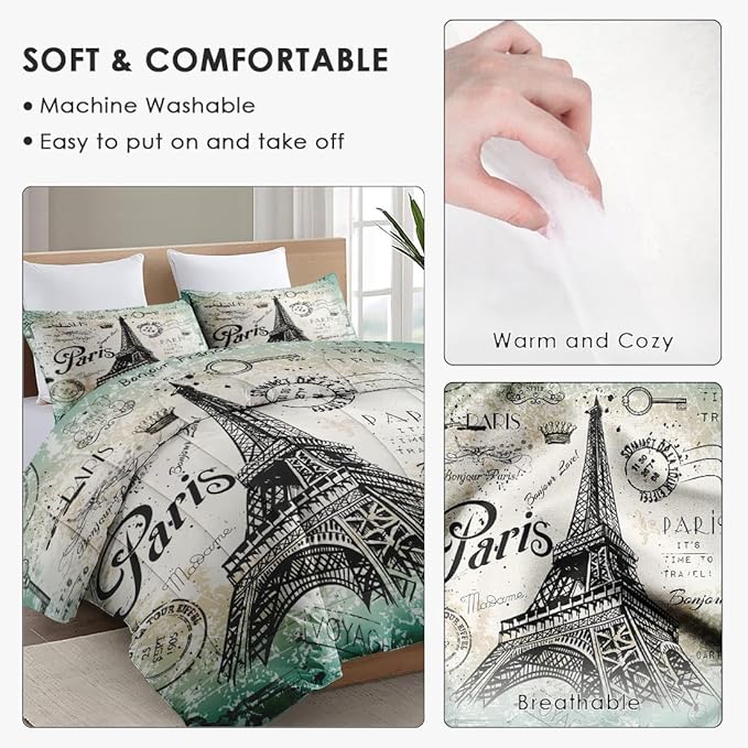 Twin Size Comforter Set with Pillowcase, Vintage Eiffel Tower Soft 2 Pcs Bedding for Kids and Adults, Paris Summer Comforter Set for Room Bedroom Bed Decor