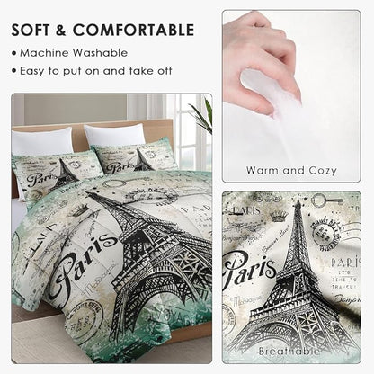 King Size Comforter Set with 2 Pillowcase, Vintage Eiffel Tower Soft 3 Pcs Bedding for Kids and Adults, Paris Summer Comforter Set for Room Bedroom Bed Decor