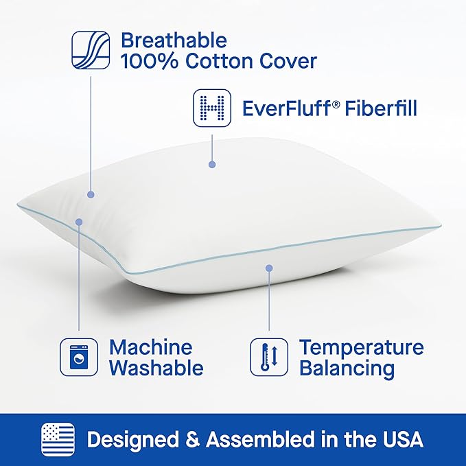 SEALY Perfect Temp Bed Pillows, Plush 100% Cotton Cover, Soft, Breathable, Temperature Balancing, Moisture Wicking, Hypoallergenic EverFluff Fiberfill, Machine Washable, King, White- 2 Pack