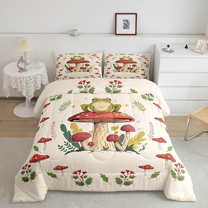 Feelyou Frog Print Bedding Set Kids Kawaii Comforter Set Frog Mushrooms Comforter Cover Set for Room Decor Botanica Cute Mushroom Decor Beige Red Duvet Set Queen Size 3Pcs Quilt Set
