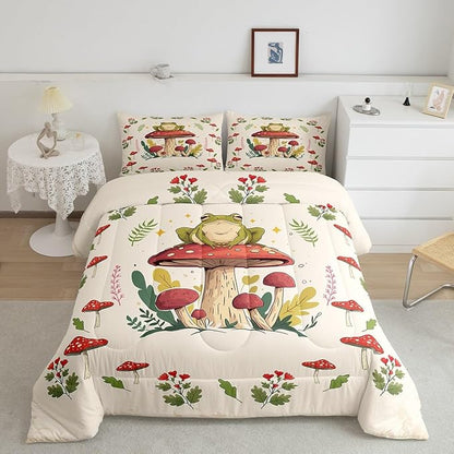 Feelyou Frog Print Bedding Set Kids Kawaii Comforter Set Frog Mushrooms Comforter Cover Set for Room Decor Botanica Cute Mushroom Decor Beige Red Duvet Set Queen Size 3Pcs Quilt Set