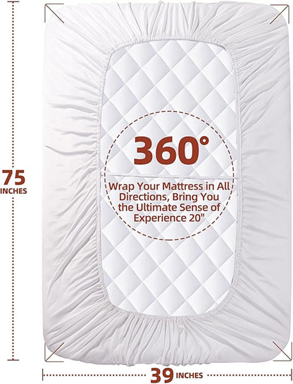 Twin Mattress Pad, Deep Pocket Quilted Premium Mattress Protector, Anti-Shift Design, Extra Elastic Strap, Soft Breathable & Noiseless Mattress Cover, Fit up to 22" (39x75 Inches, White)