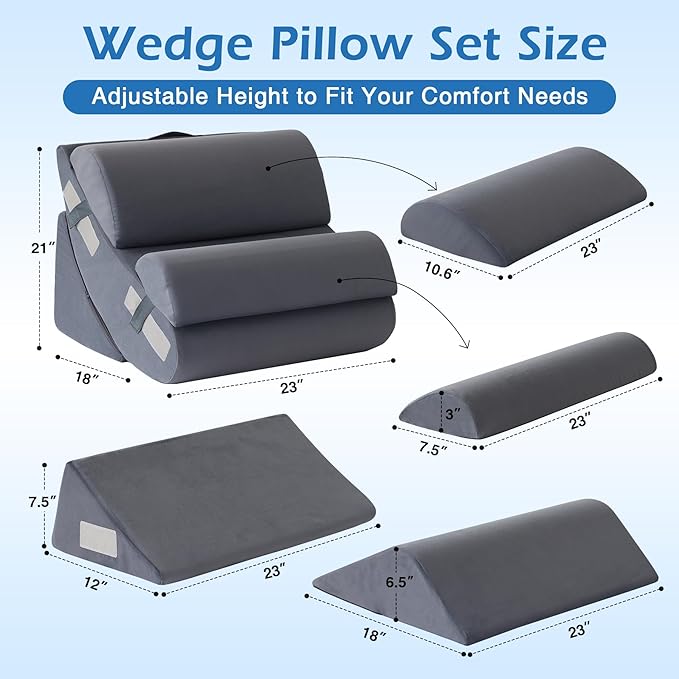 6PCS Orthopedic Bed Wedge Pillow Set for Sitting up in Bed, Memory Foam Post Surgery Pillow for Back Pain Relief, Back Support Pillow for Acid Reflux Relief, GERD, Anti Snoring (Plush Grey)