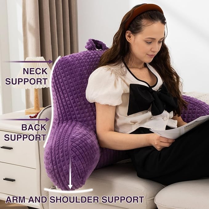 A Nice Night Reading Pillow Bed Wedge Large Adult Children Backrest with Arms Back Support for Sitting Up in Bed/Couch for Lounging Bedrest,Waffle Stereoscopic Design,Purple