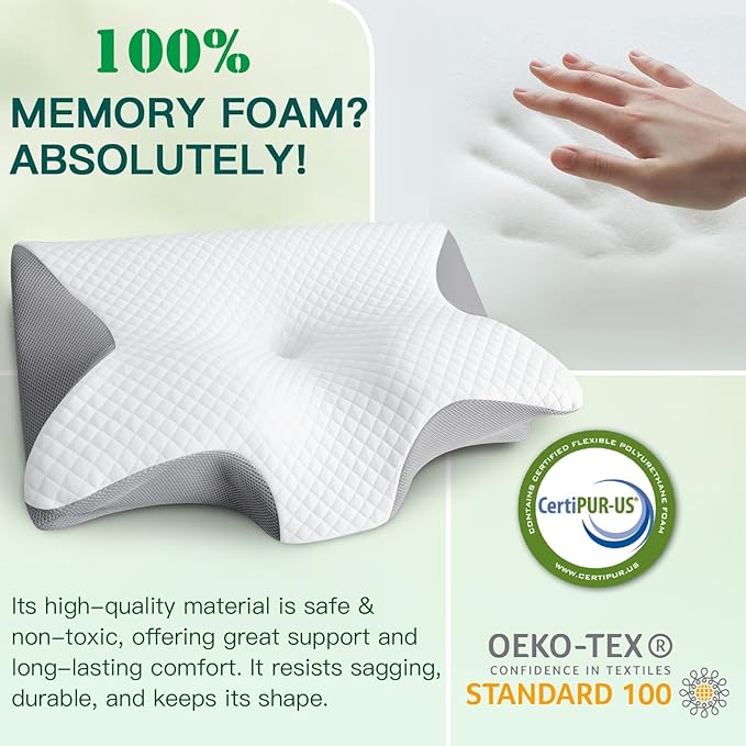 Memory Foam Cervical Pillow, 2-in-1 Ergonomic Neck Support Pillow with Armrest & Ear Hole, Contour Orthopedic Bed Pillow for Pain Relief, Adjustable Height for Side, Back & Stomach Sleepers